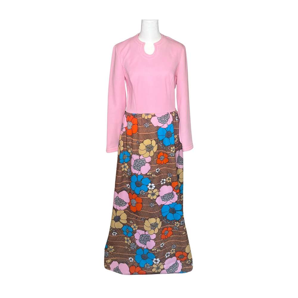 Vtg 70s Puritan Forever Young Maxi Dress Floral Mod Bohemian Groovy Maximalist